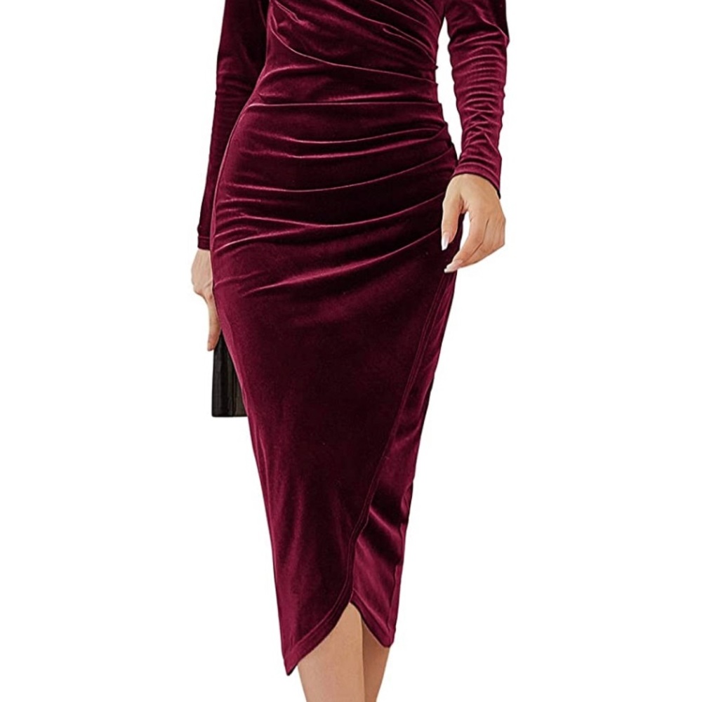 DIRASS Women's Elegant Velvet Long Sleeve Wrap V Neck Bodycon